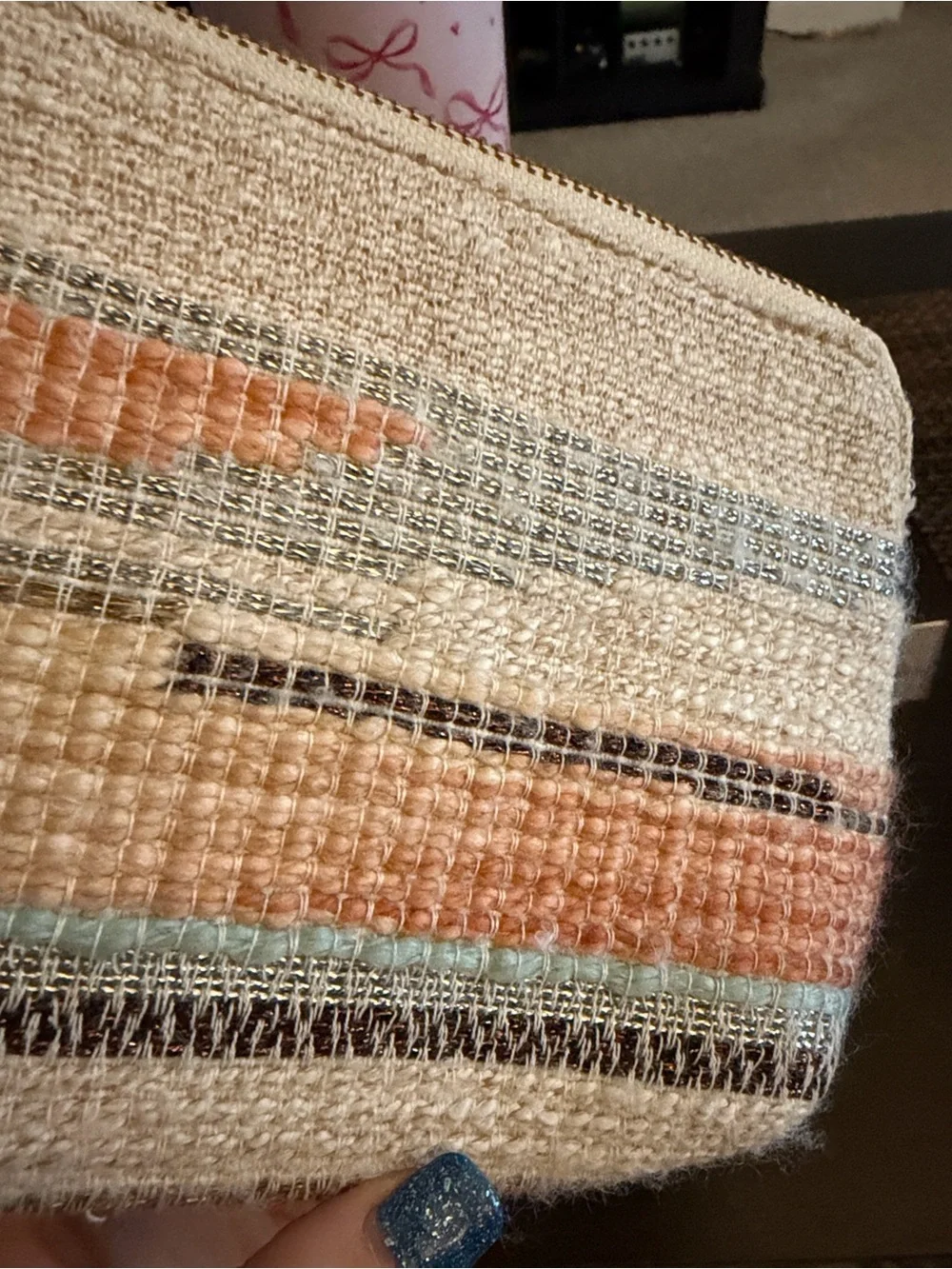 Anthropologie Woven Stripe Zip Pouch in Cream and Neutral Stripes
